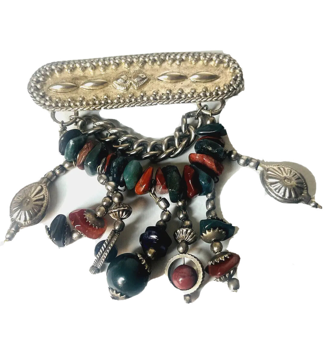 Vintage Hand Crafted Brooch Genuine Stone Chunks Unknown Metal Made In India