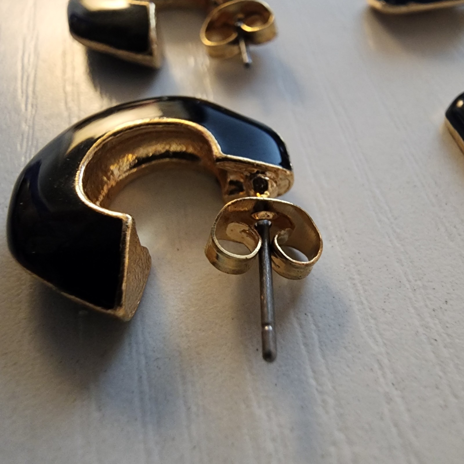 2 Sets Of Vintage Black Enamel Gold Tone Earrings Gothic Dangle And Hoop