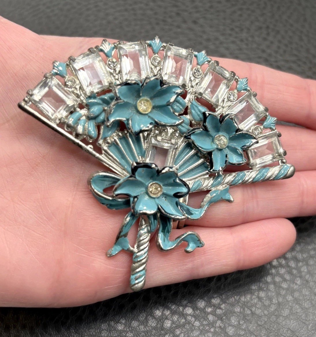 Vintage HUGE Deco Pot Metal Blue Enamel Flower Fan Ribbon Brooch Pin