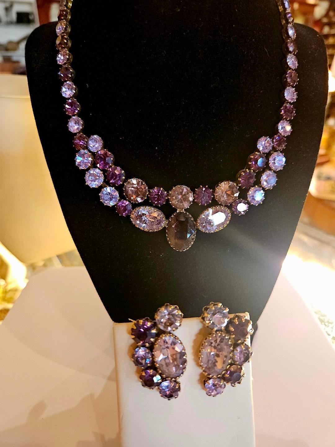 Lavender Purple and Blue Vendome Necklace and Earrings Set 1950s