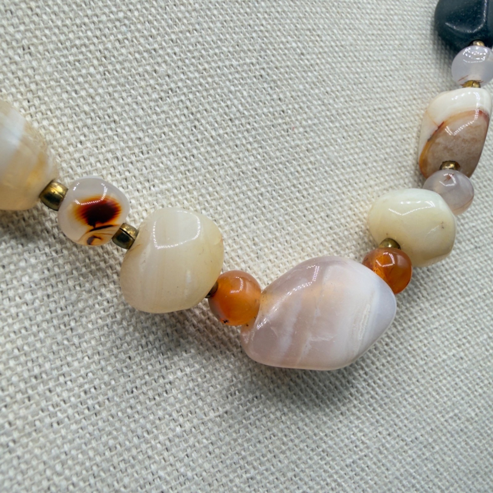 Vintage Beggars Bead Necklace Polished Stone Fall Colors Opera Length 32″