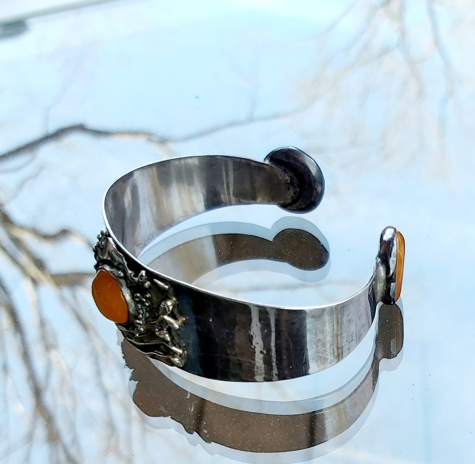 Antique Art Deco Sterling Silver Cuff Bracelet Original Design 3 Amber Inserts