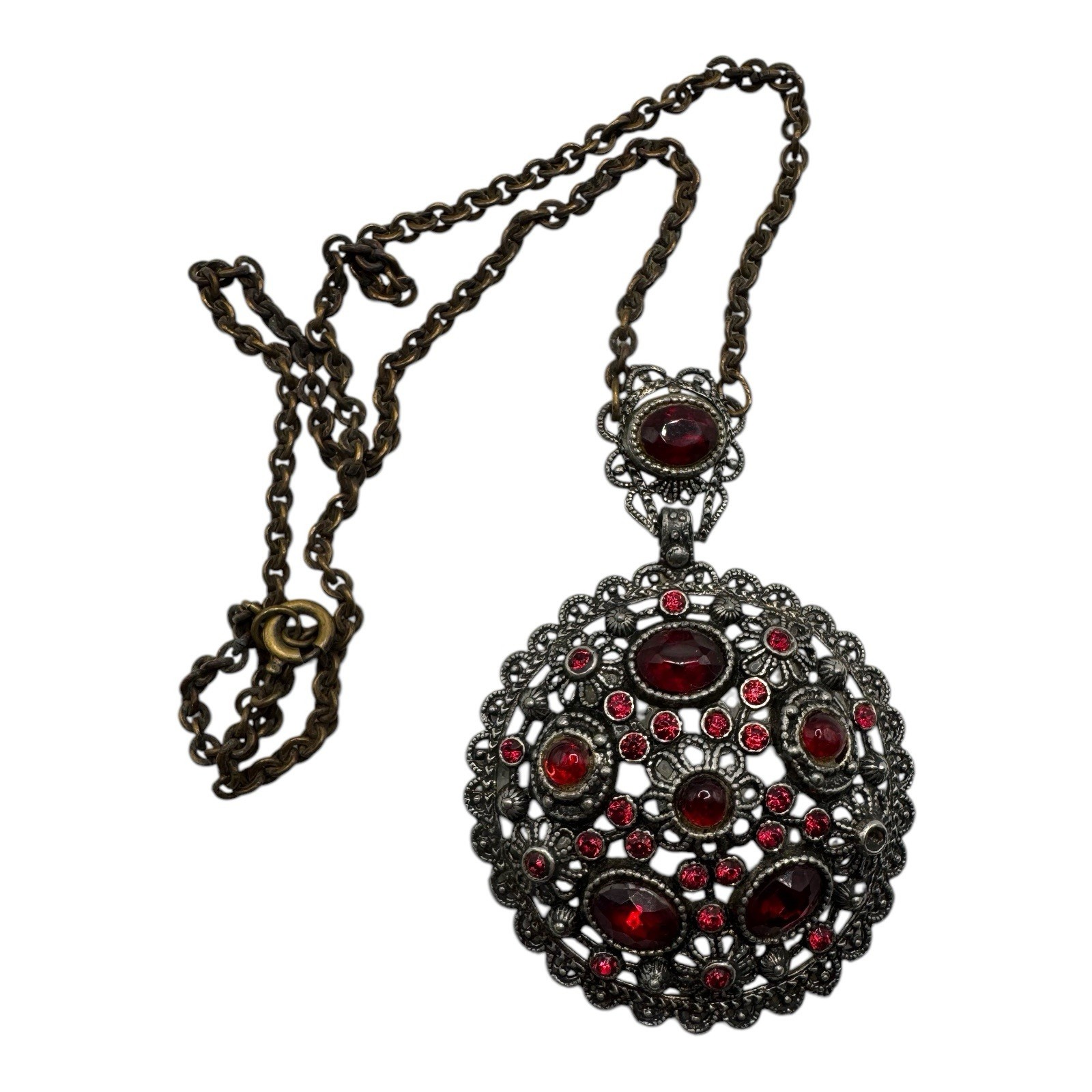 Vintage NE Glass Works Filigree Pendant Necklace – Red Glass Stones, Goblet Mark