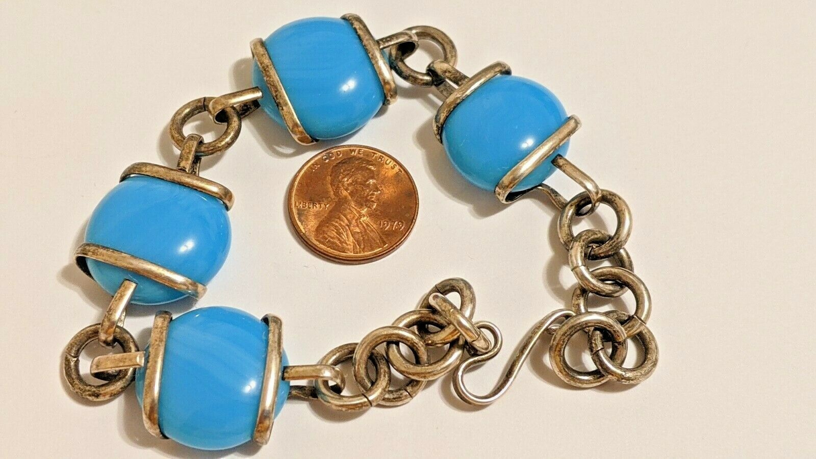 VINTAGE STERLING SILVER MEXICO BRACELET BLUE STONES ABOUT 8 3/4″ SIGNED MEX 925