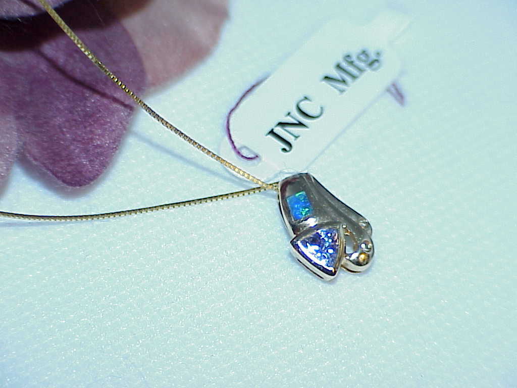 14K Black Opal Trillion Tanzanite 2 Diamond Pendant Necklace Yellow Gold New Tag