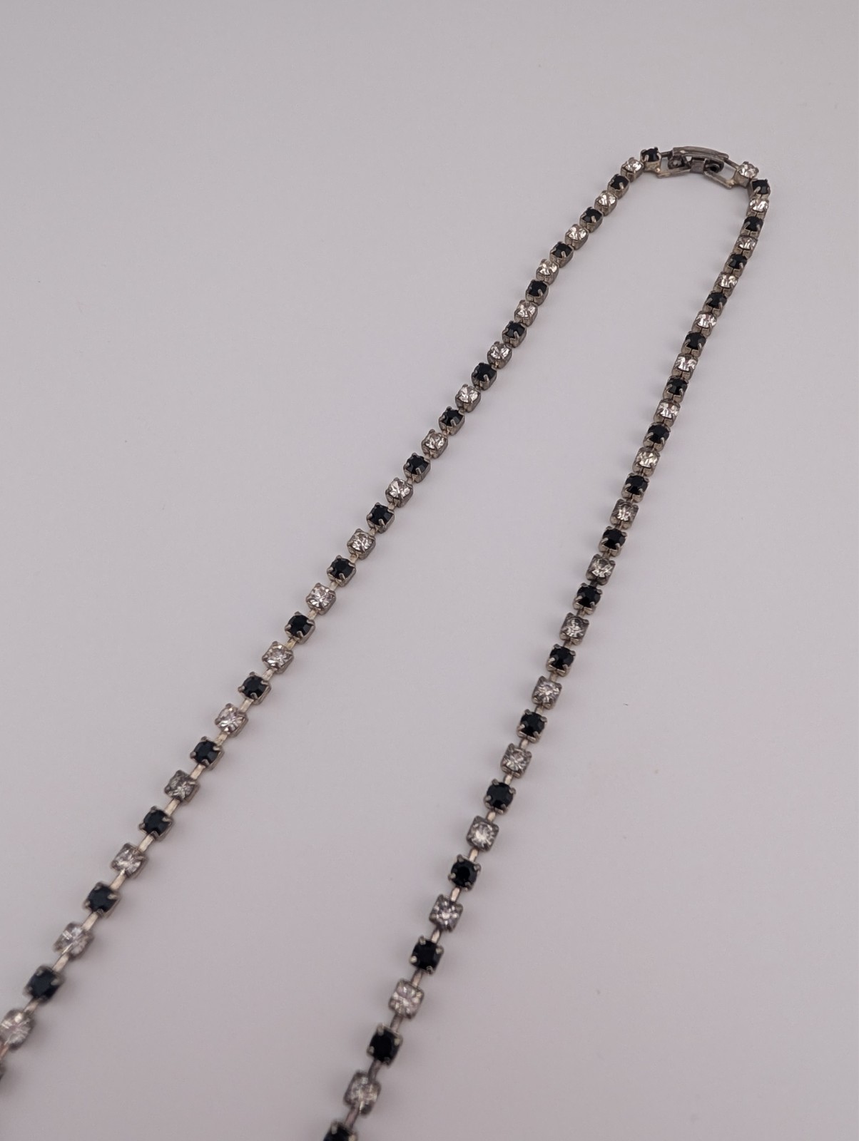 Vintage Silver Tone White & Black Glass Rhinestone V Point Necklace
