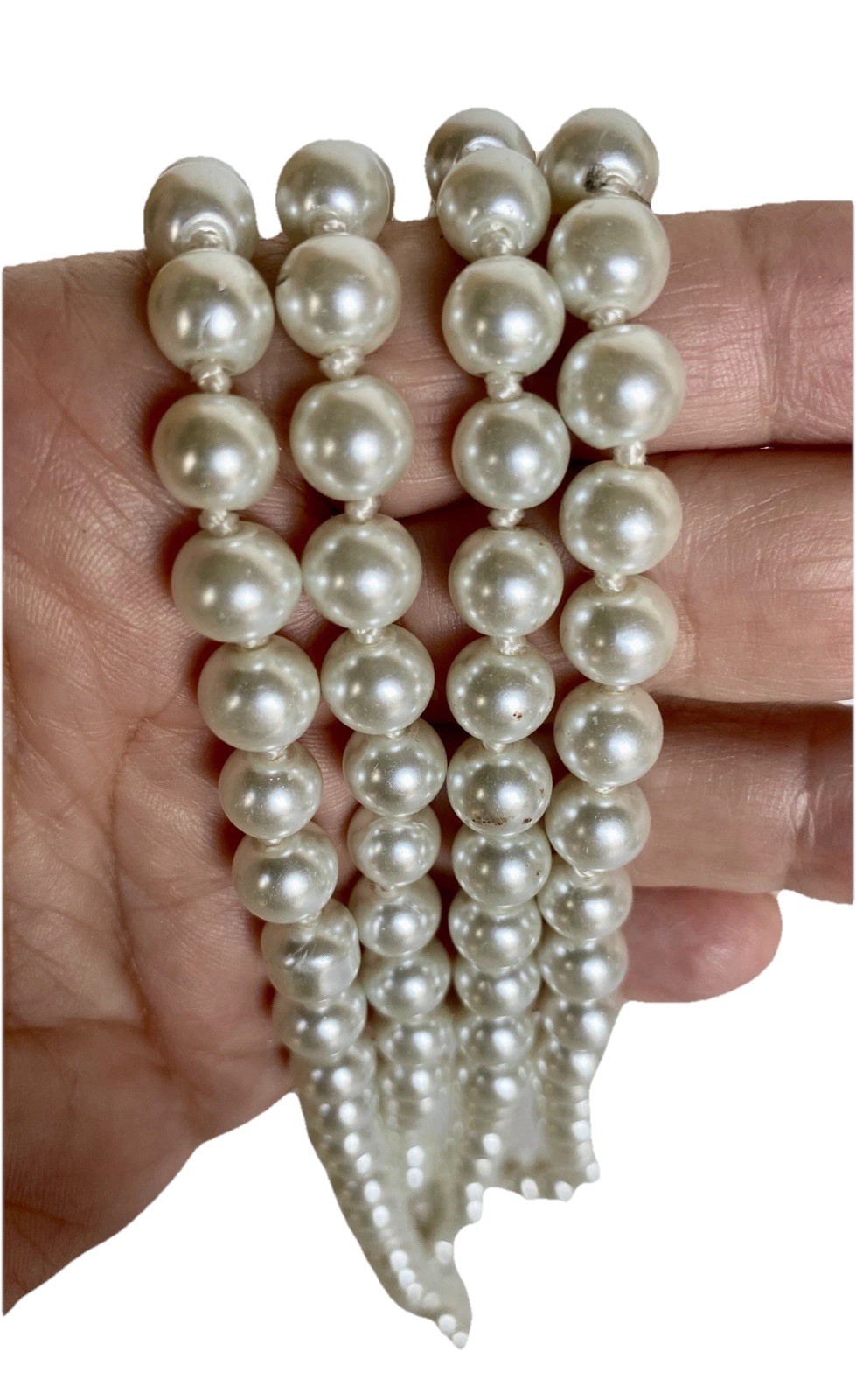 Vintage Rope Length Hand Knotted Faux Glass Pearl Necklace, 8mm Pearls, 56″