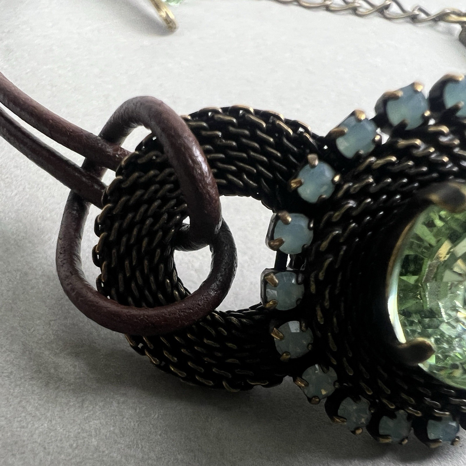 Vintage Van Galz Bracelet Leather Green Rivoli Rhinestone q3z