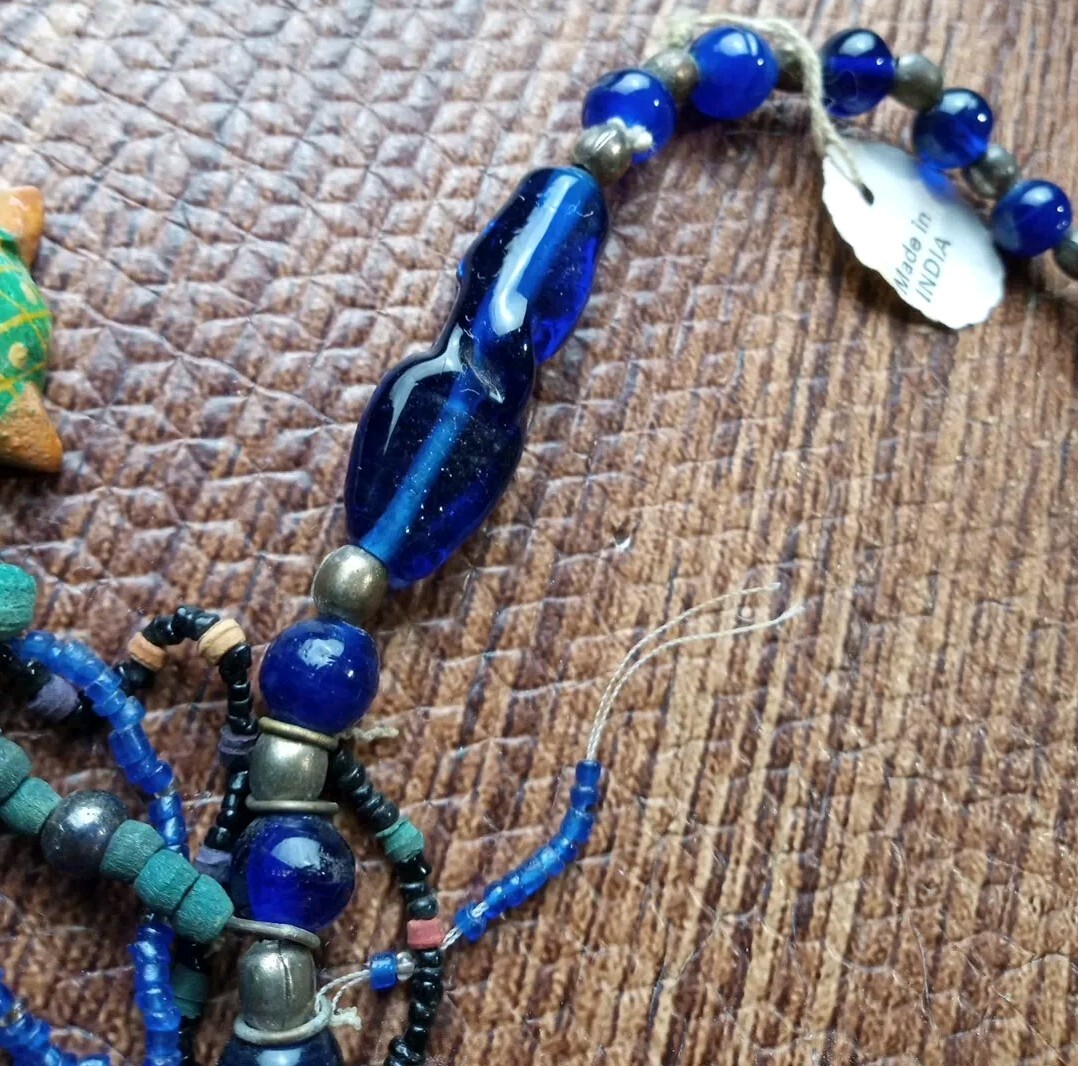 Vtg Boho Necklace Hand Painted Fish Turtles Intricately Beaded Looped Dangles