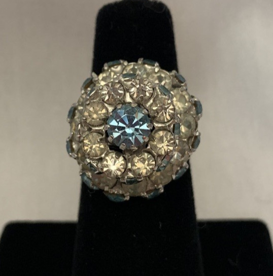 Vintage Silver Tone & Clear/Blue Topaz Rhinestone “Wedding Cake” Ring-Adjustable
