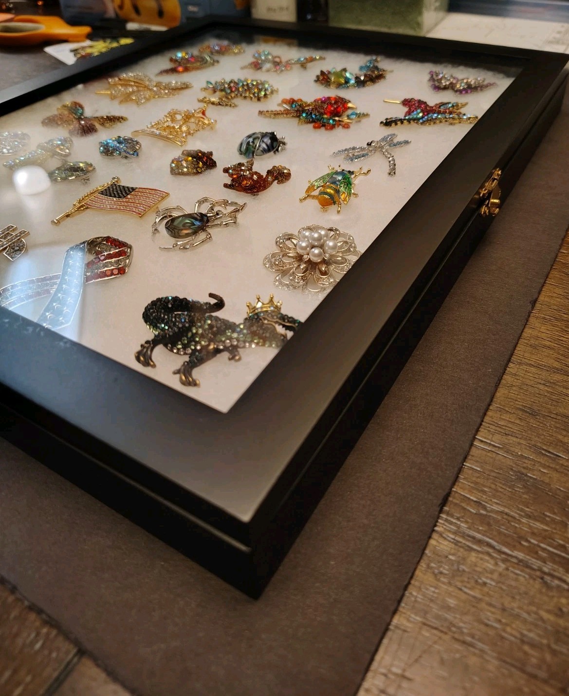 Rhinestone Brooches Lot Of 27 In Glass Front Display Case ** NEW ** ** NICE **