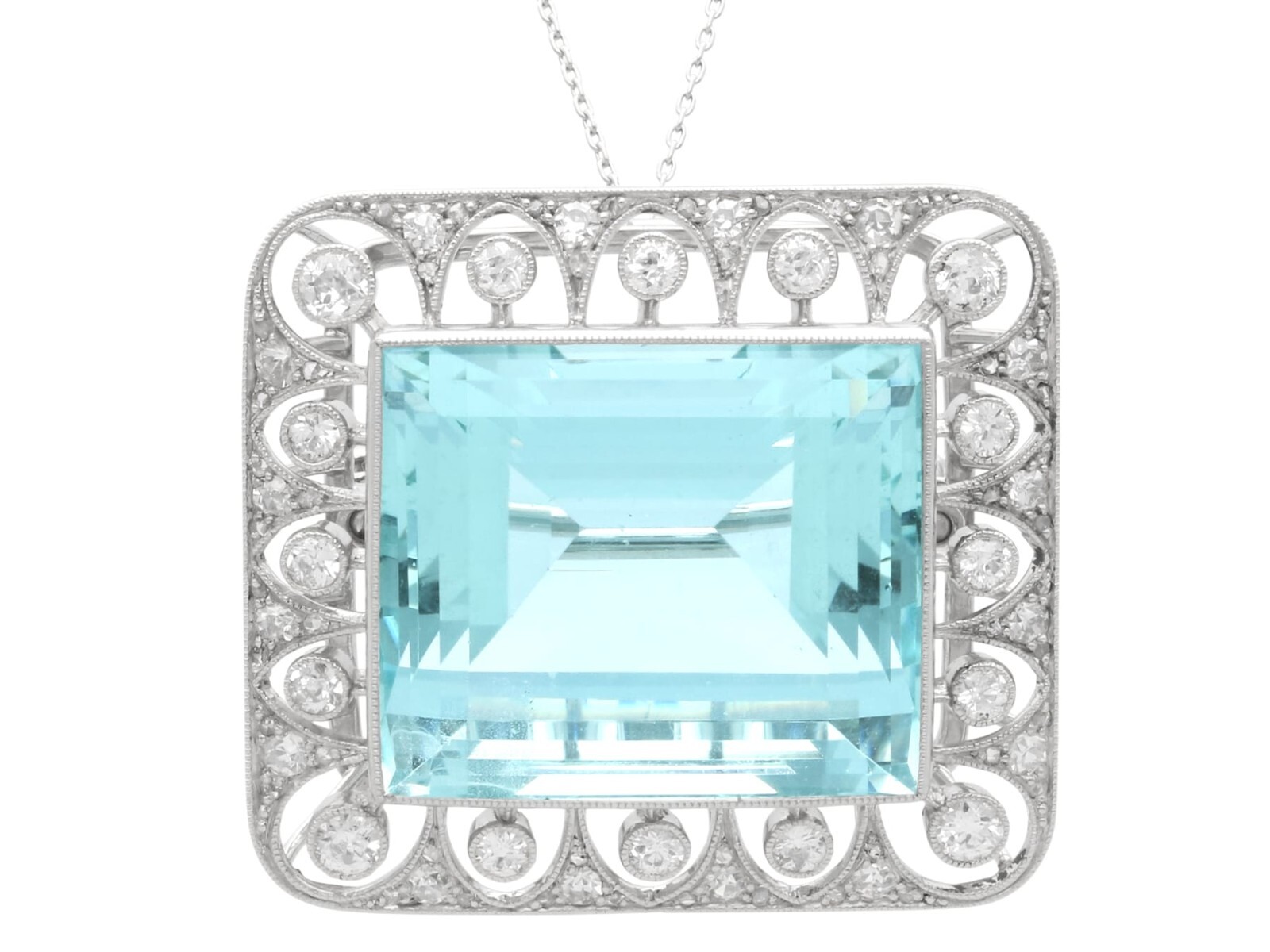 Antique 42.24Ct Aquamarine, 1.62Ct Diamond and Platinum Brooch / Pendant