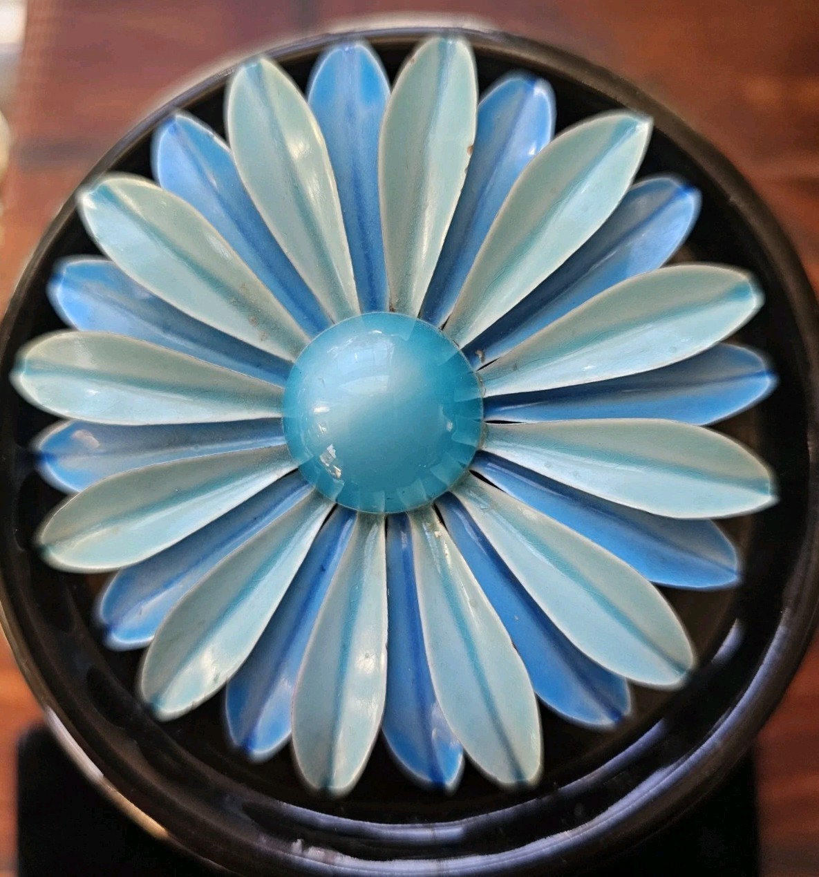 Mcm 3″ Brooch Blue Metal Enamel Flower Retro Daisy 3D Petals Statement Hippy