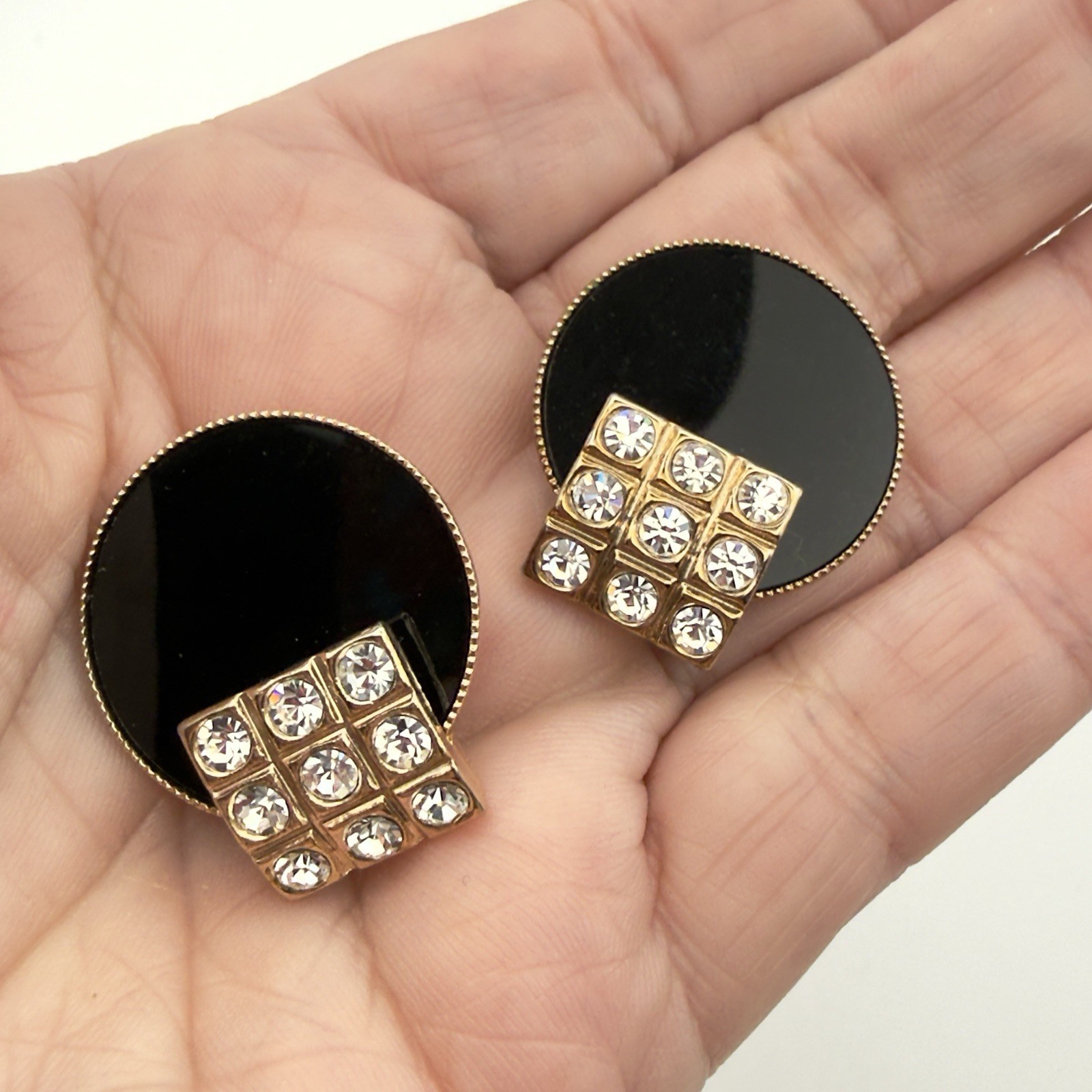 Vintage Rhinestone Clip On Earrings Black Enamel Gold Tone Geometric Discs