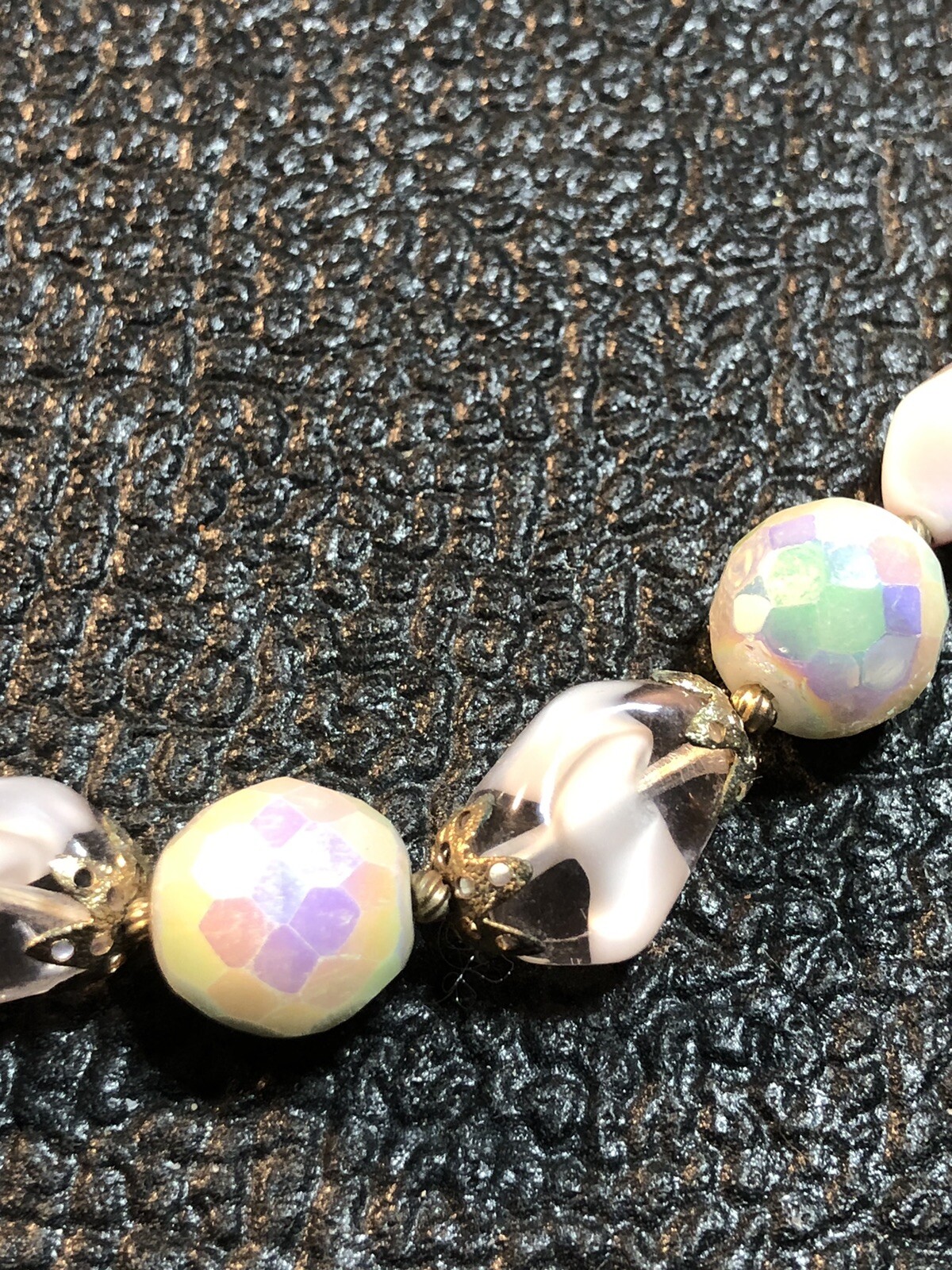 VTG Costume Jewelry Signed TRIFARI Charm,MOP Pinks,Purples,Greens Necklace 17.5”