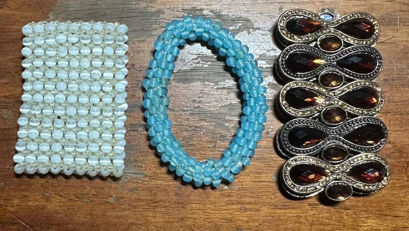 3 Beaded / Rhinestone Wide Stretch Bracelet lot Costume Jewelry #D17
