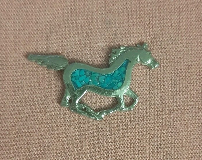 Beautiful Silver Tone and Turquoise Running Galloping Horse Stallion Lapel Pin