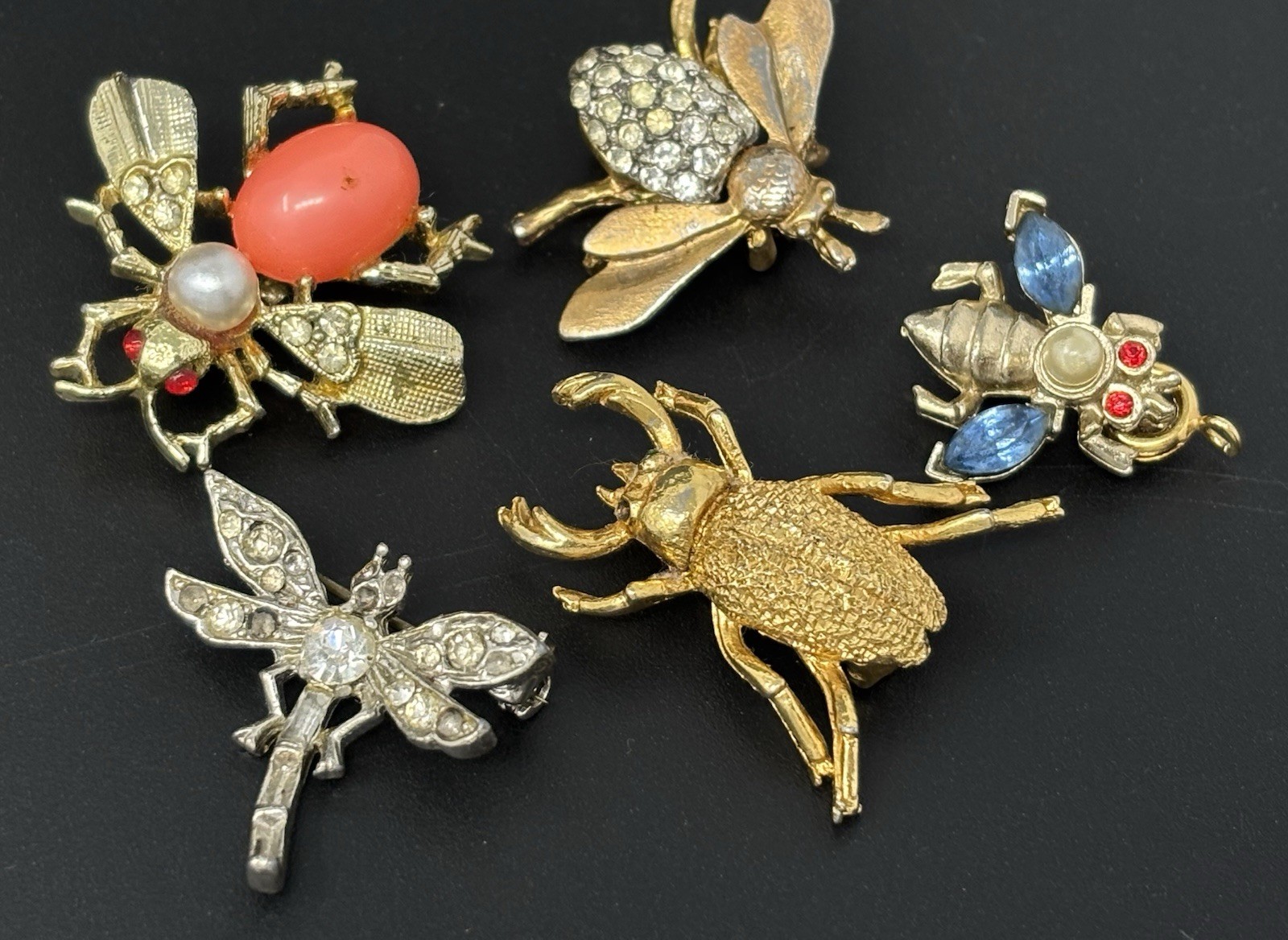 Vintage Estate Mixed Bug Insect Scatter Pin Brooch Lot Figural Rhinestone