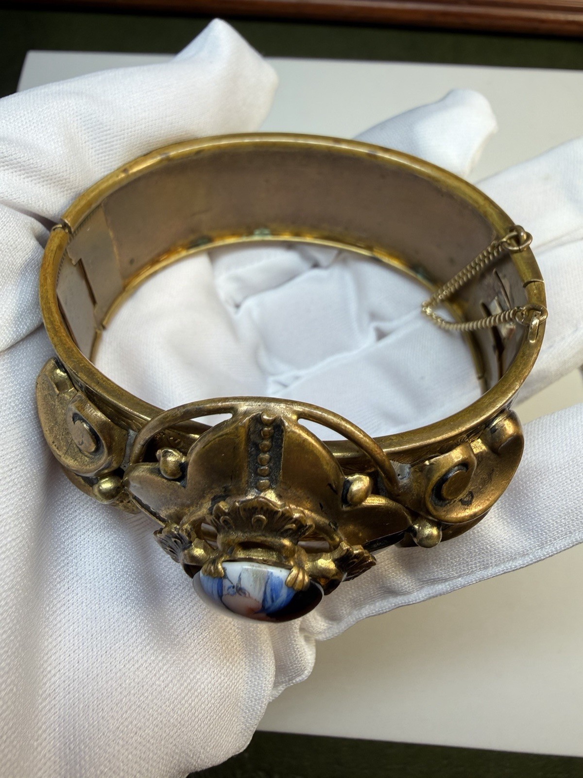Antique Victorian Porcelain Miniature Portrait Bangle Cuff Bracelet C. 1900