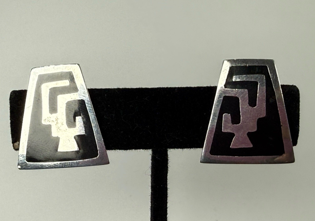 VTG Sterling 925 Black Enamel Mexico Taxco Clip On Earrings Geometric Modernist