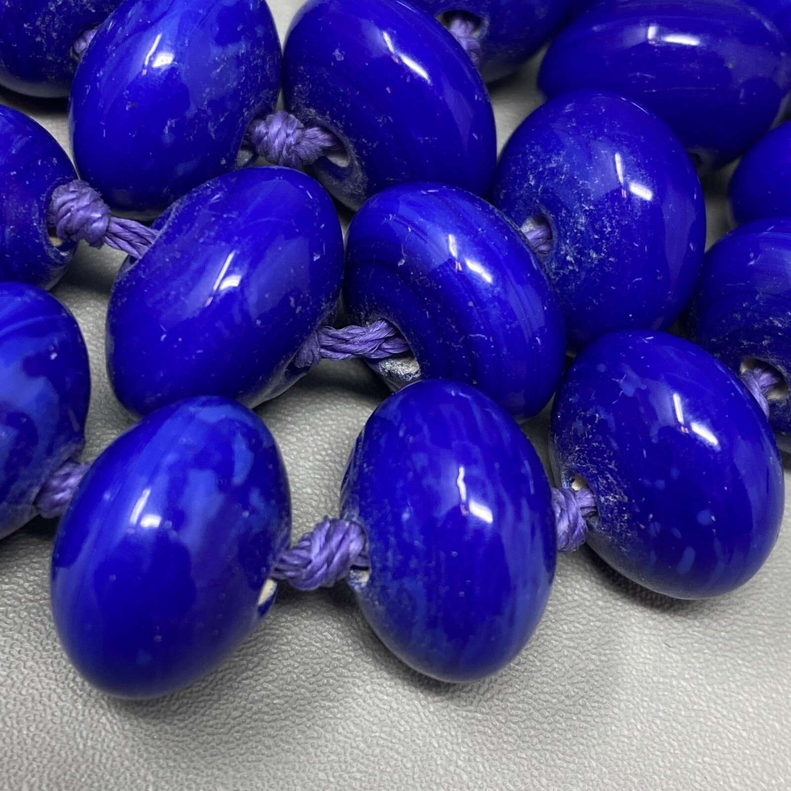 VTG Ceramic Bead Necklace Blue Marble Hand Knot Cord Chain Multi Strand Boho 21″