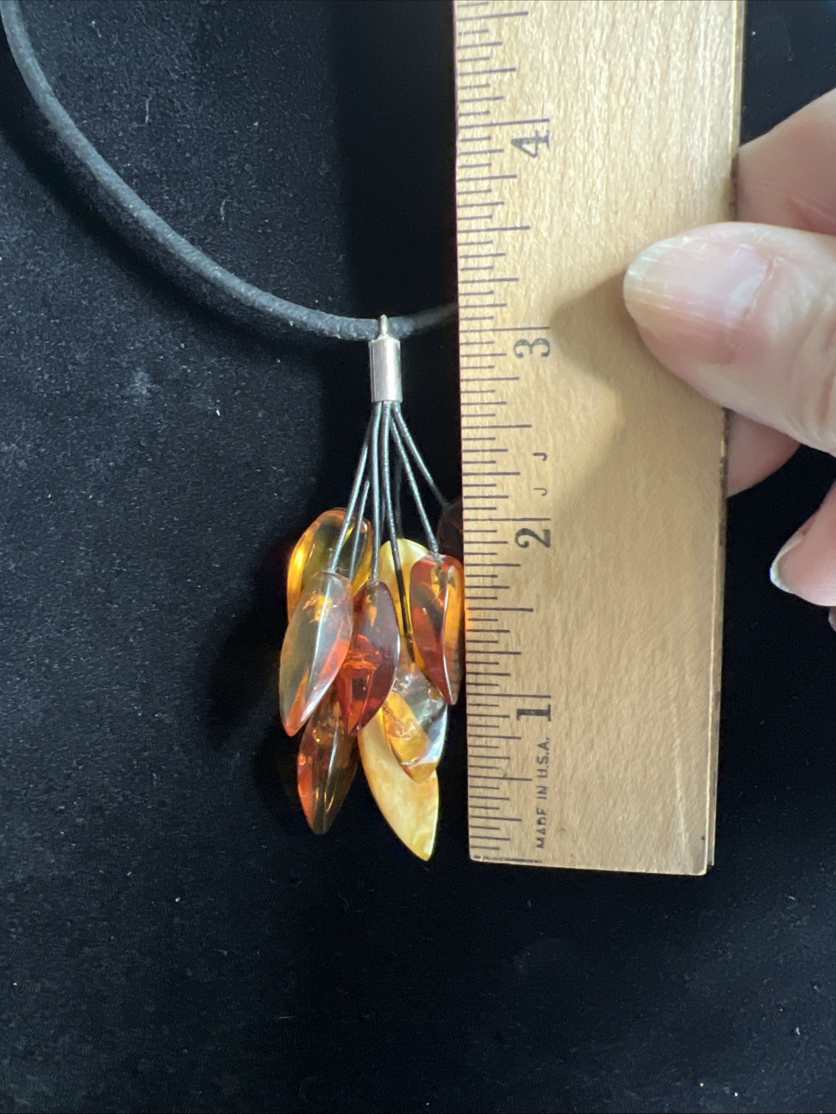 Vintage Amber Black Leather Cord Necklace Sterling Silver Clasp 16 Inch