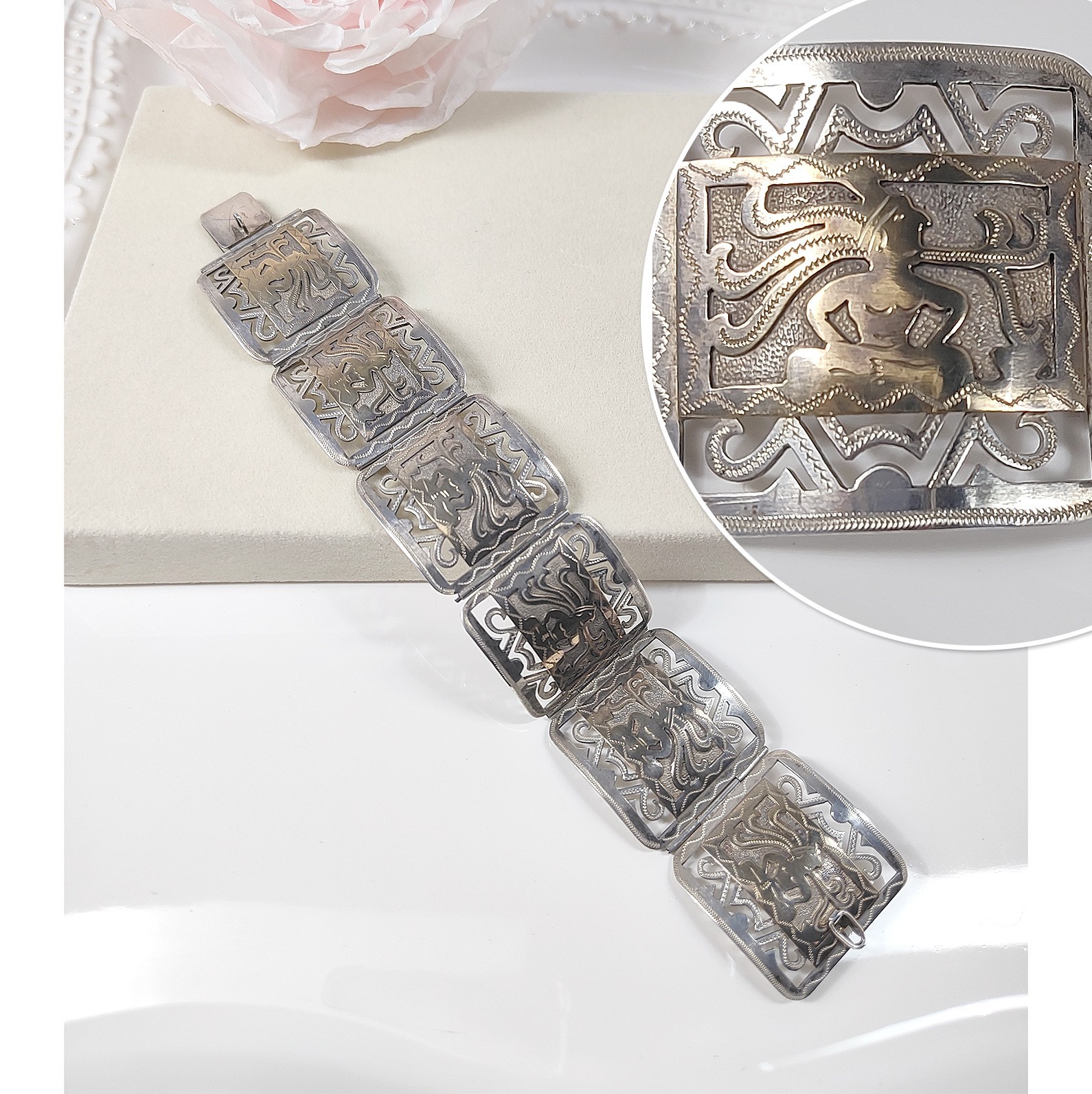 Vintage 60s Guatemala Bracelet 900 Silver Gold Wash Mayan Storyteller Signed 39g