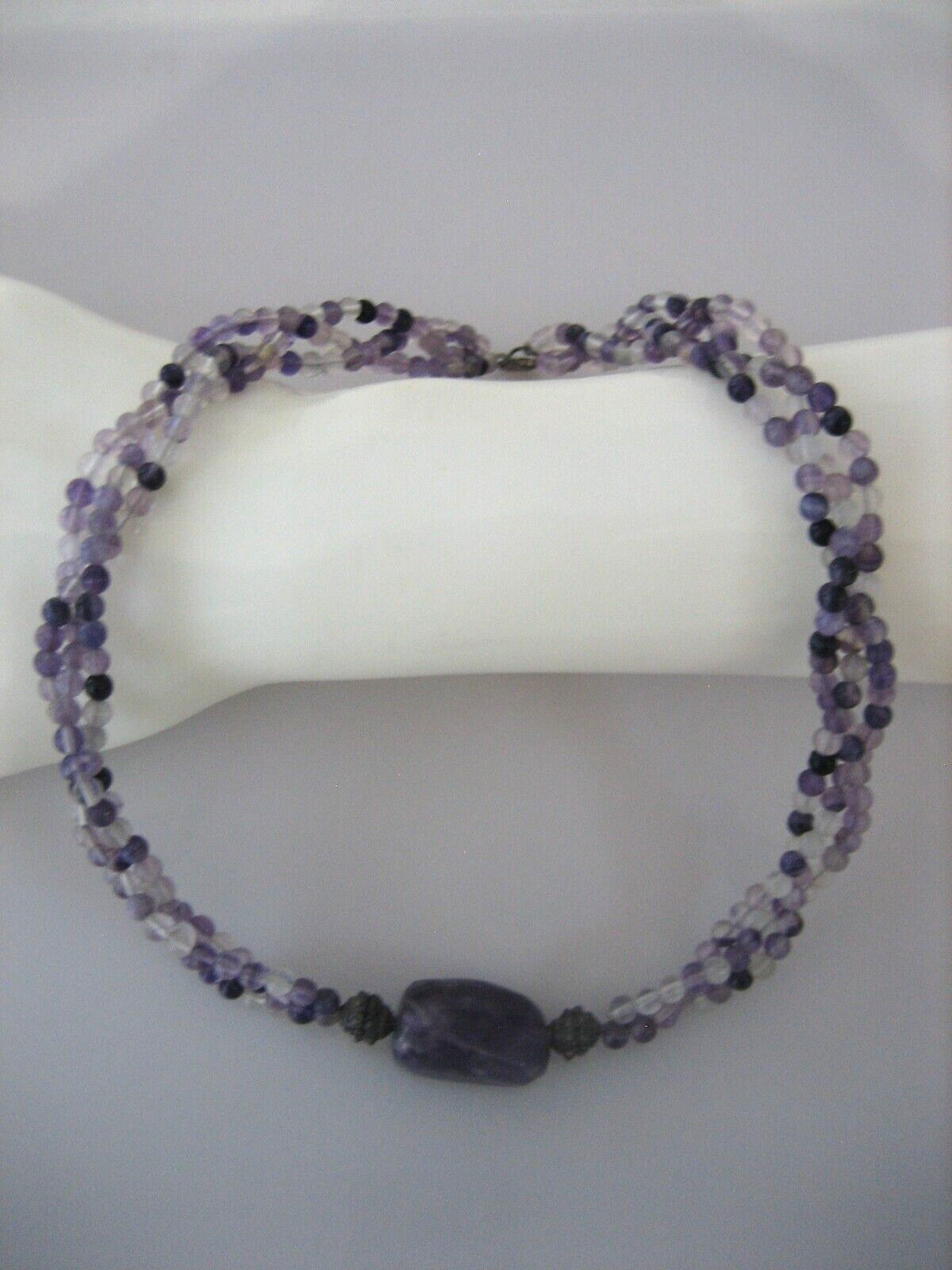VINTAGE AMETHYST BEAD STERLING SILVER 17″ 3 STRAND NECKLACE
