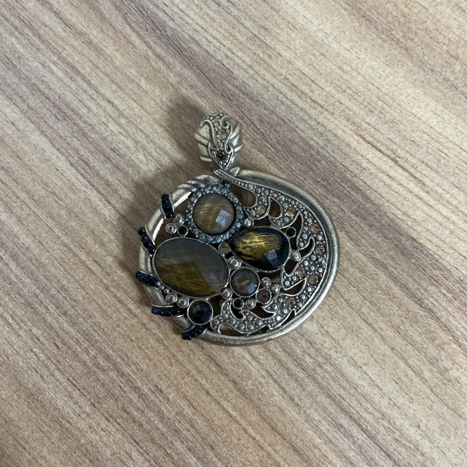 Lia Sophia Amber Stone Rhinestone Brass Round Pendant