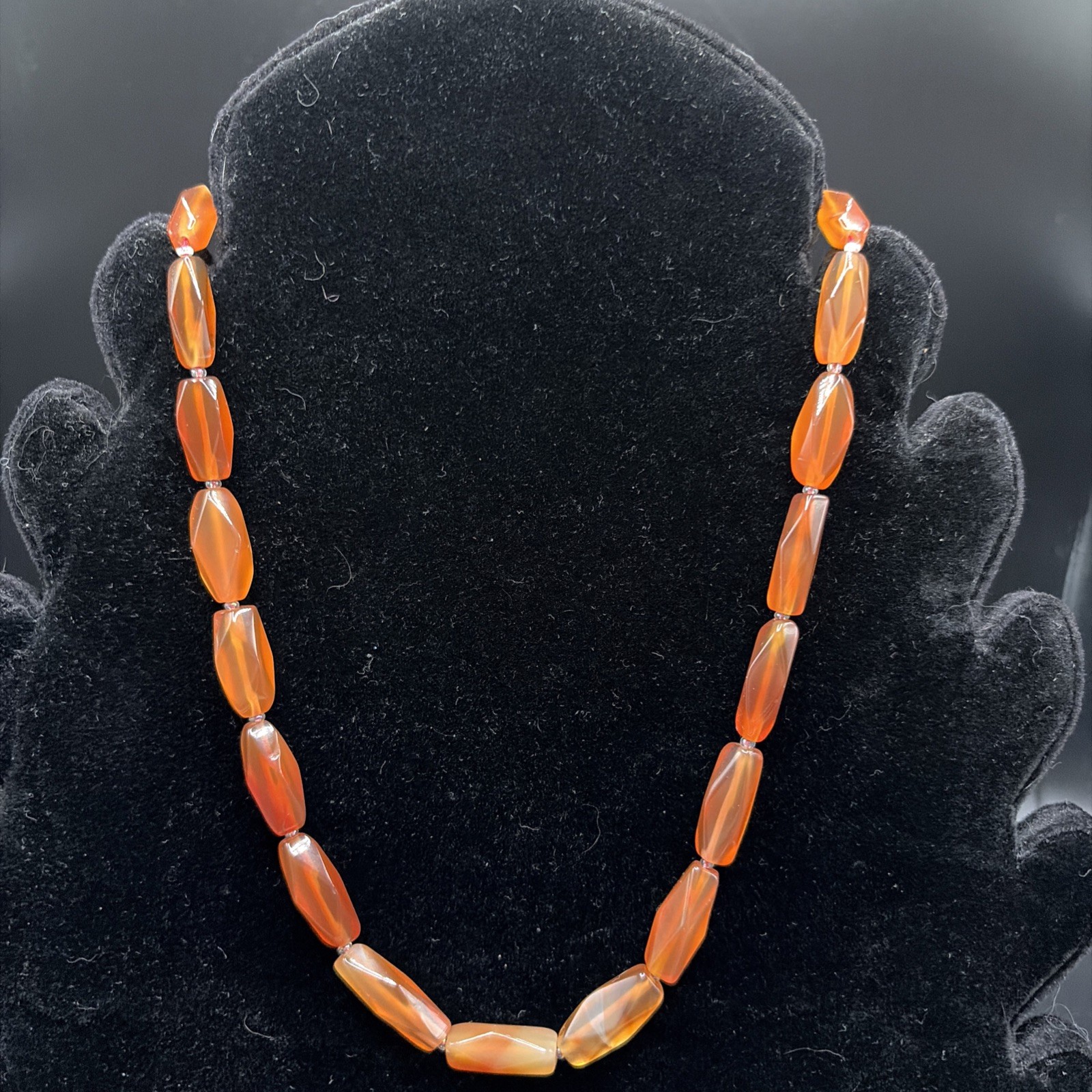 Vintage 1950’s Orange Red Carnelian Faceted Bead 16 In Necklace Fish Hook Clasp