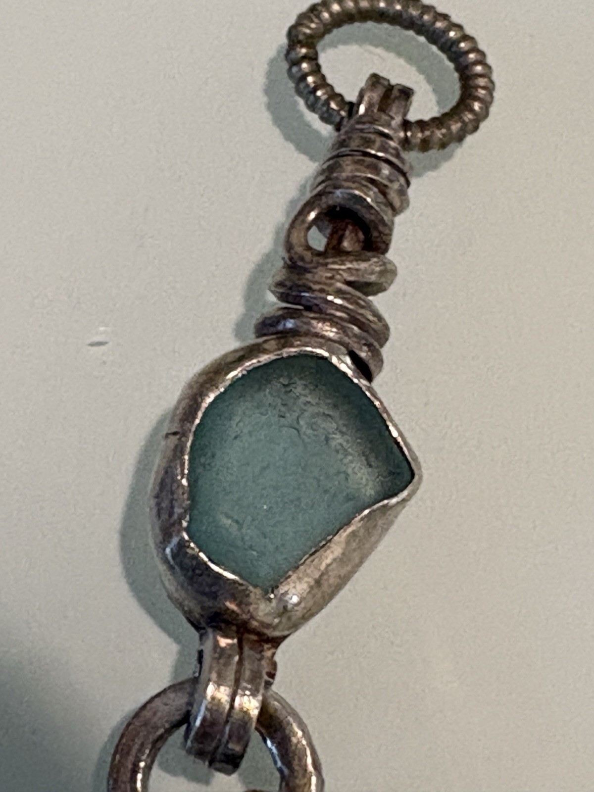VTG 925 Sterling Silver, Blue Seaglass And Pearl Bracelet 7.5 Handmade 22 Grams