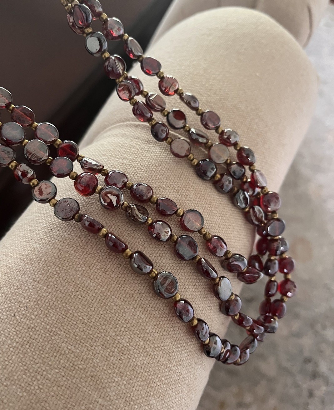 Vintage Red Garnet Iridescent Glass Gold Beaded Triple Layered 30” Bib Necklace