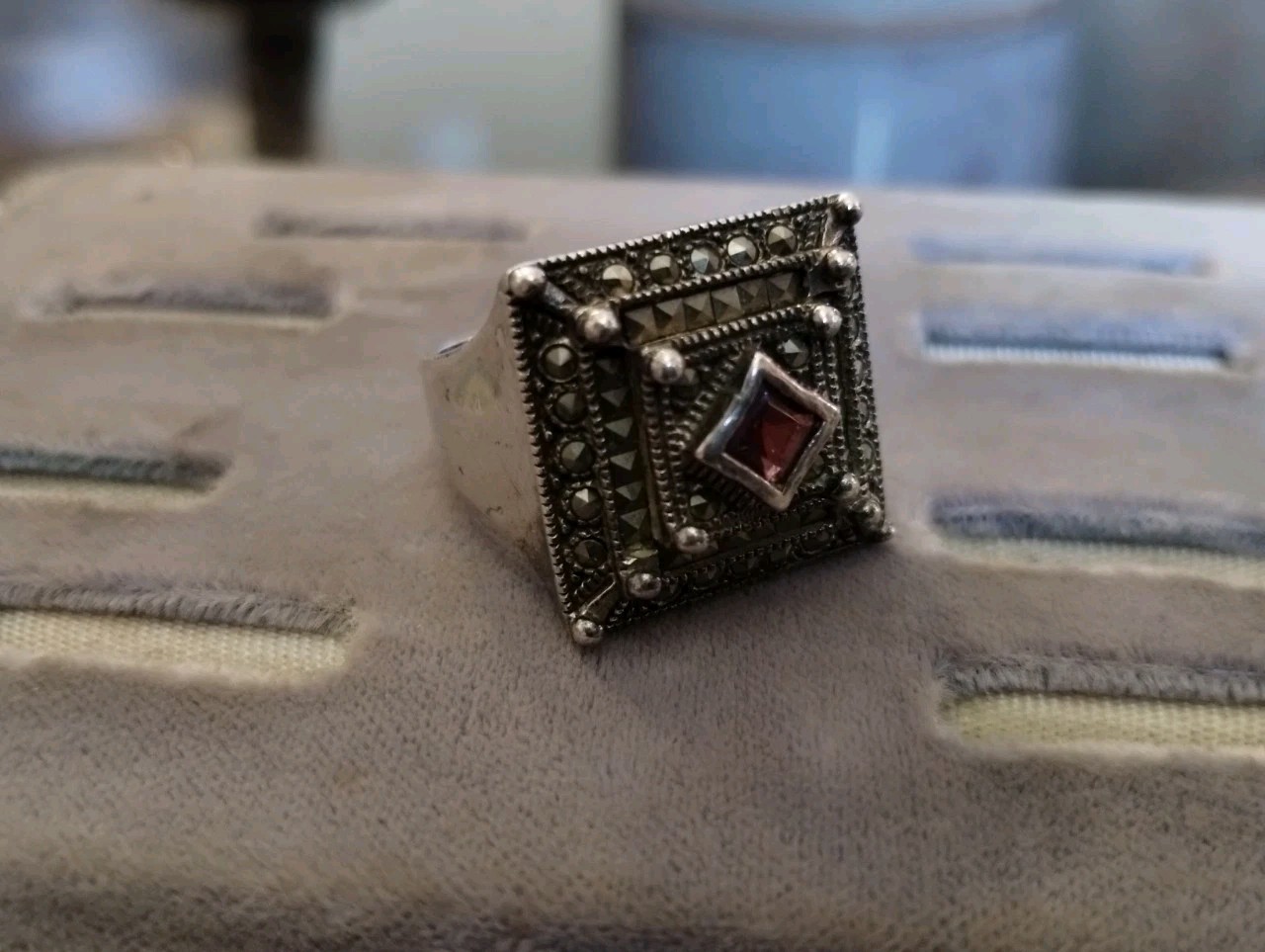Vintage Dee Berkley DBJ Sterling Silver Garnet Marcasite Ring Size 6.5