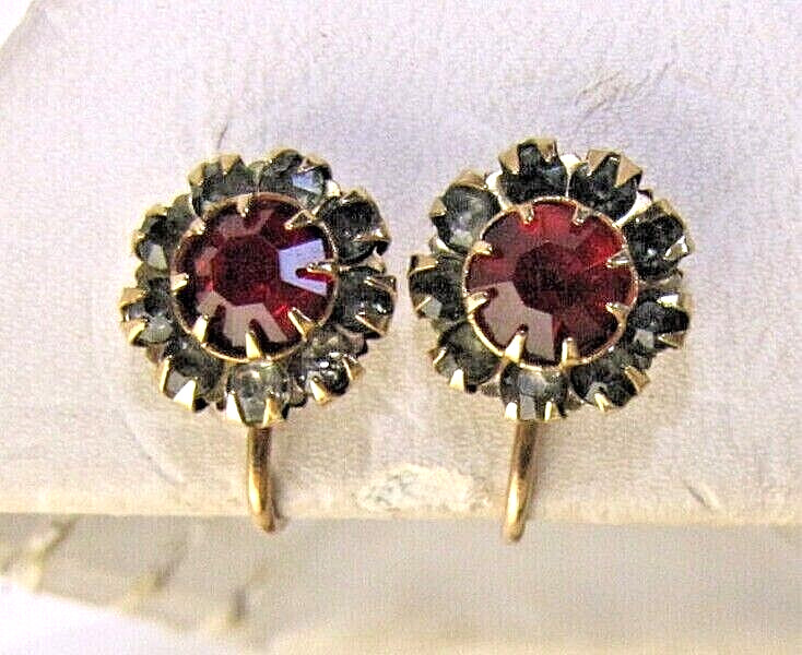 10K Screw Back Earrings Vintage Yellow Gold Red Rhinestone Stud Clip-On