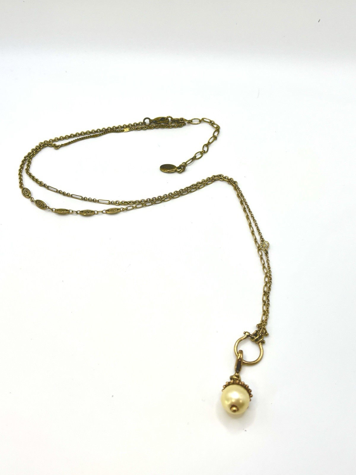 Danish Design Pearl Charm Holder Necklace 24-30″ Antique Brass Stations