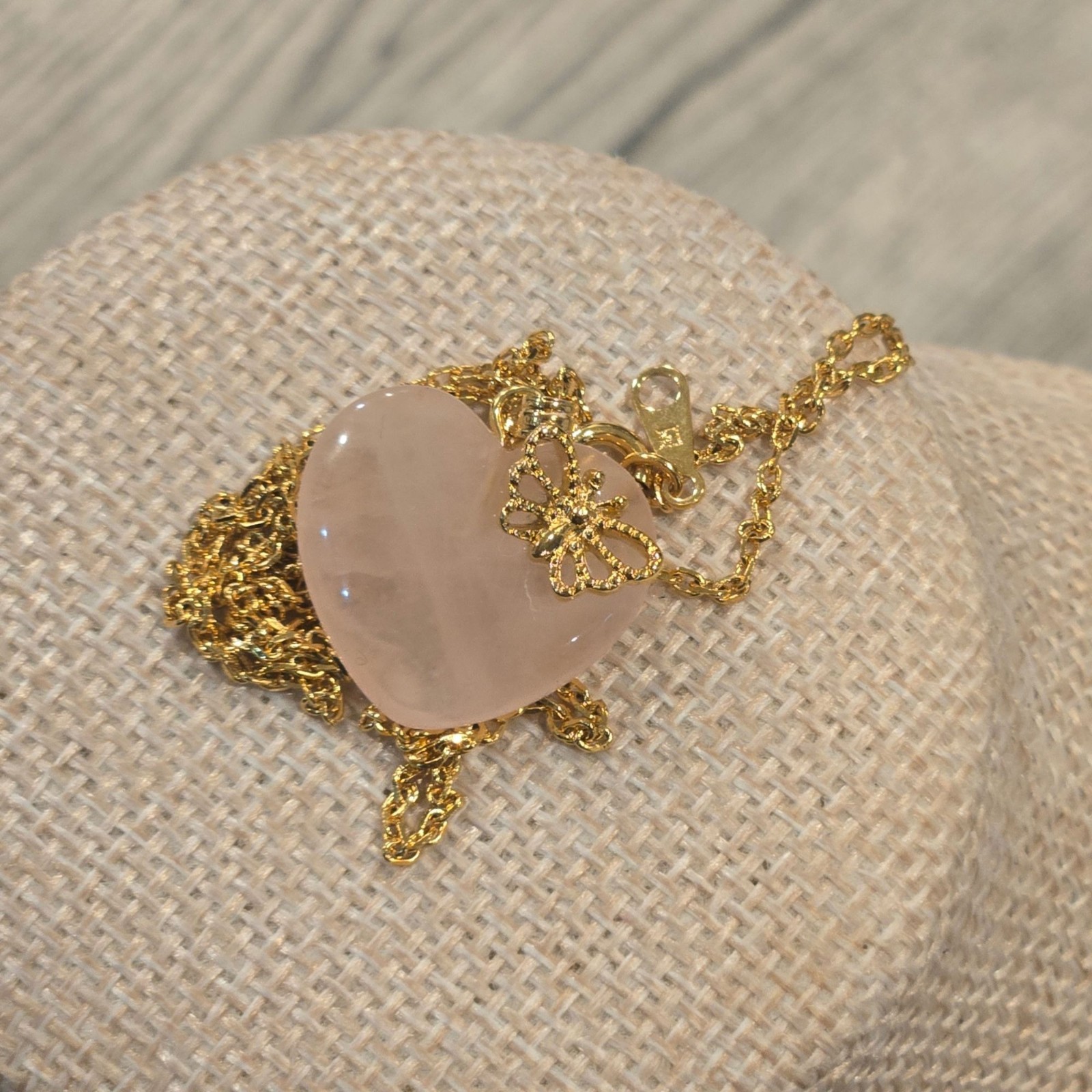 Vintage Avon Rose Quartz Heart Butterfly Pendant Necklace Gold Tone pink Gem