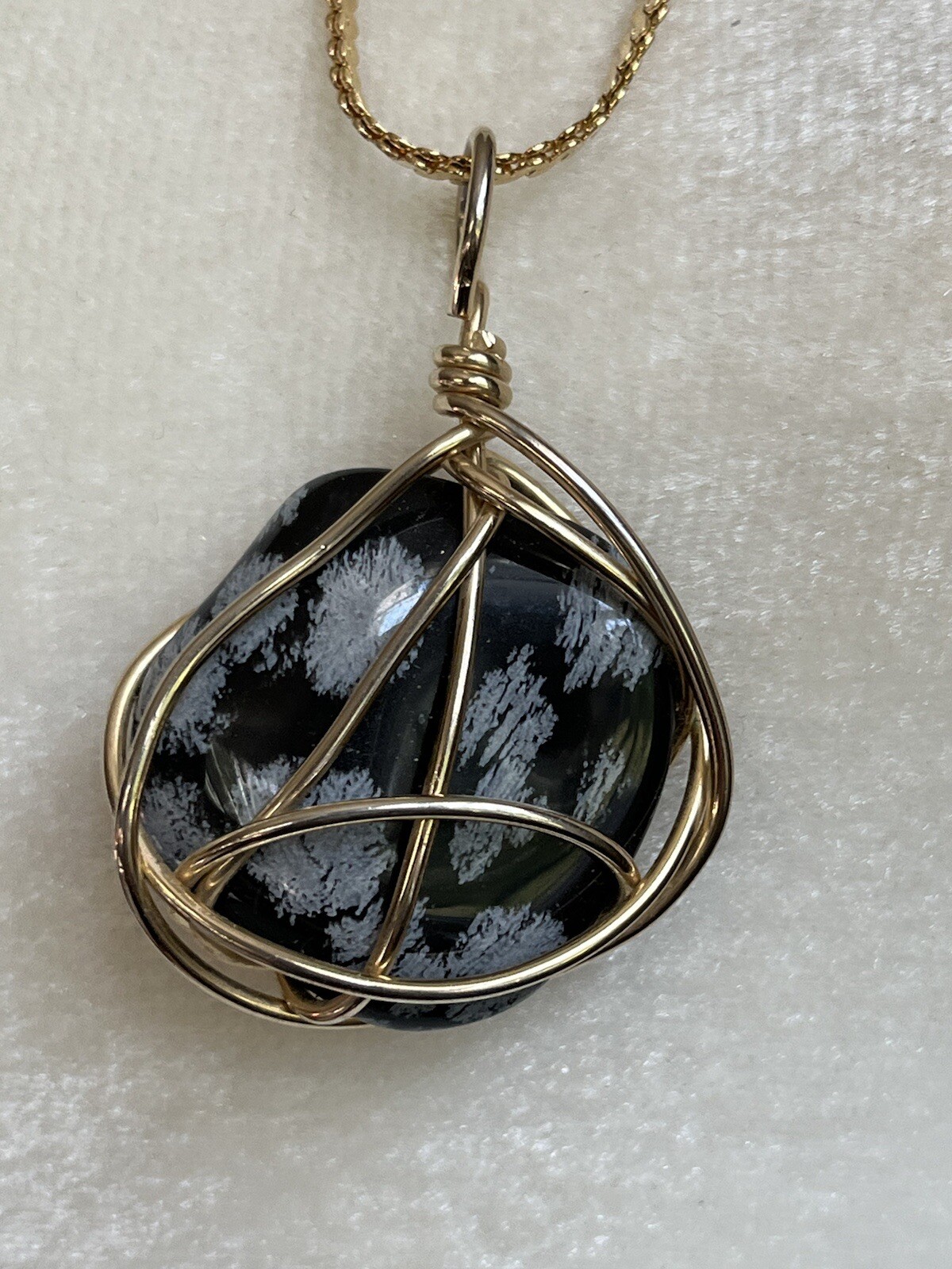 Vintage Polished Snowflake Obsidian Pendant Necklace Wire Wrapped Obsidian Stone