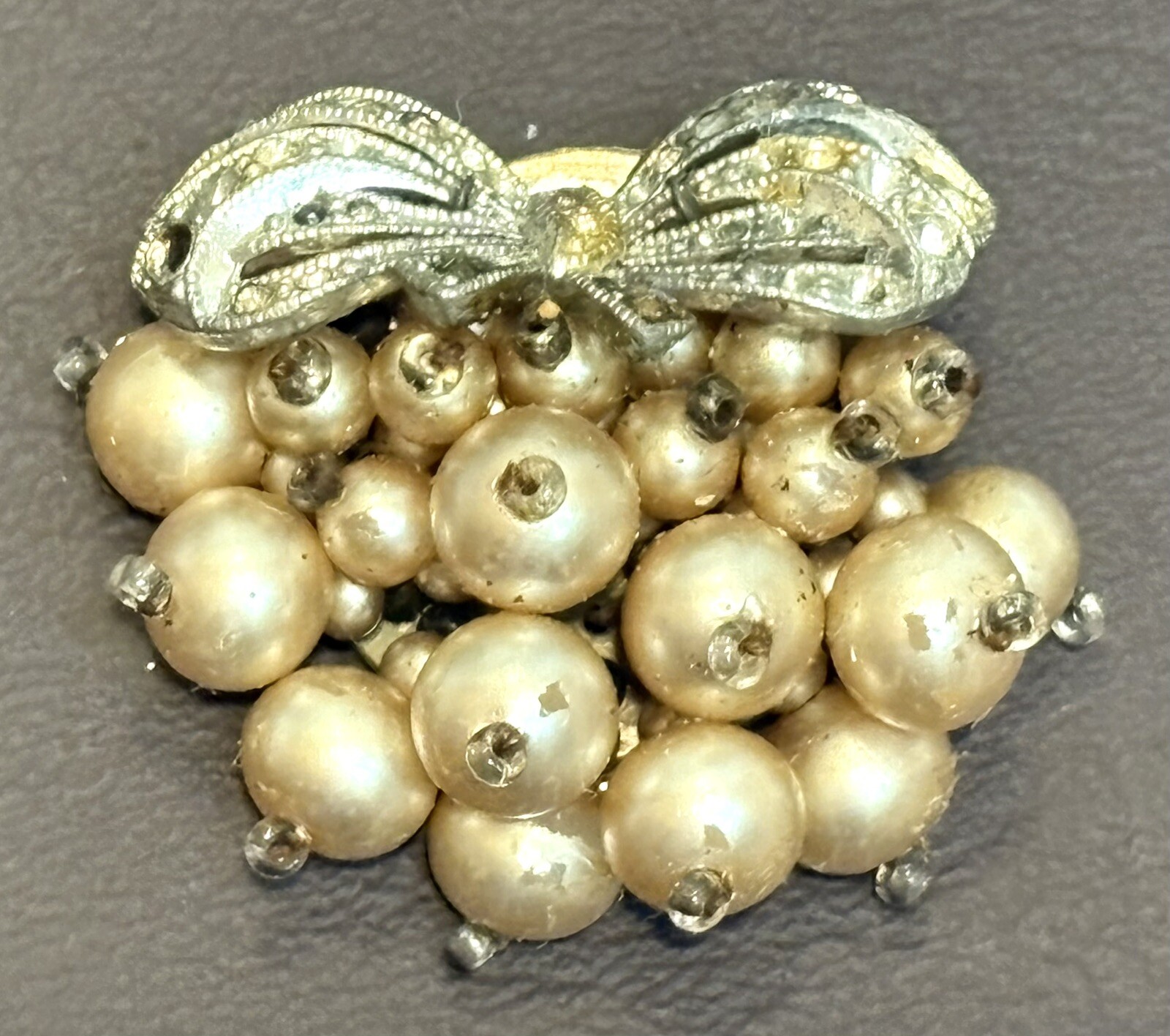 VTG Early Unsigned Haskell Dress Clip Bow Faux Pearl Rhinestone Silver Tone READ