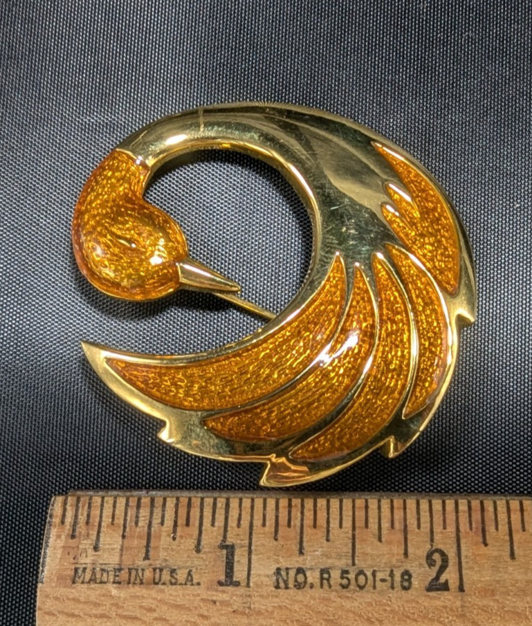 Vintage Orena Paris Swan Brooch Gold Tone Orange Amber Enamel Inlay Beautiful