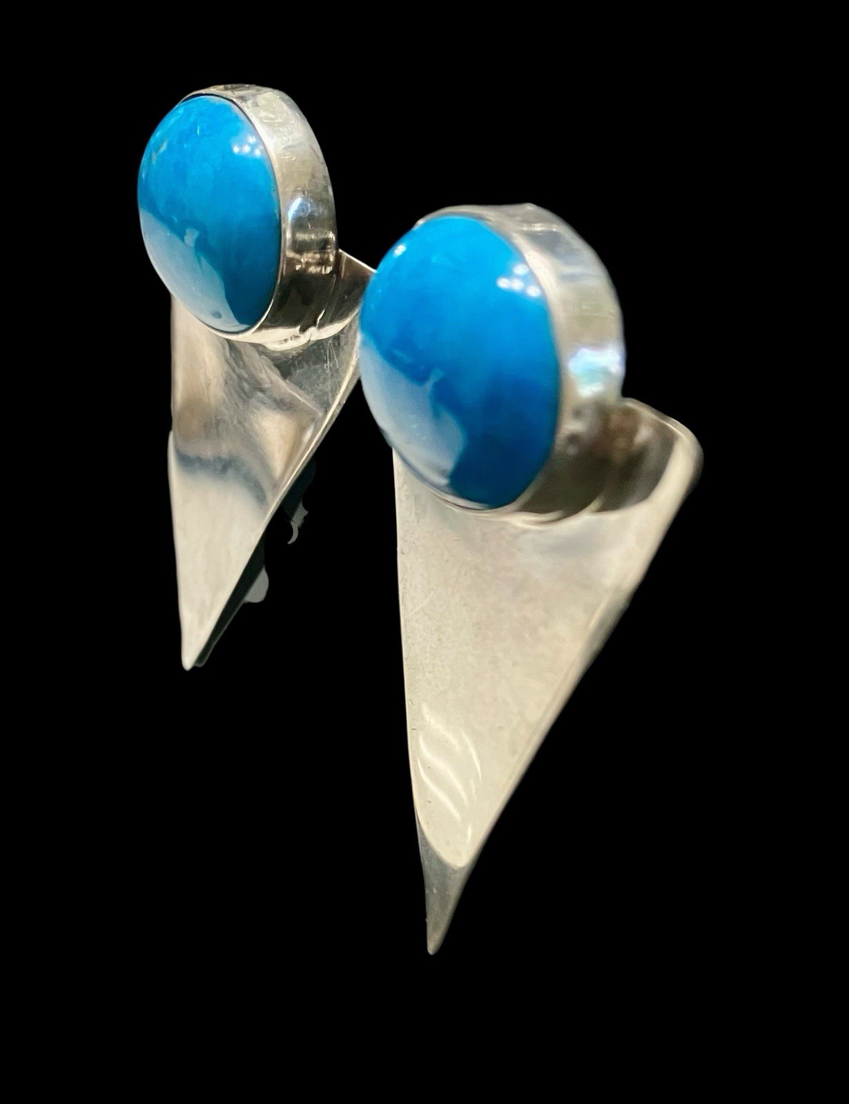 Vtg Sterling Silver Modernist Geometric Blue Cabochon Triangle Post Earrings