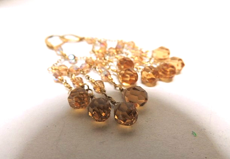 Vintage 14K Gold Filled Dangle Multi Faceted Earrings Amber/Brown Crystals