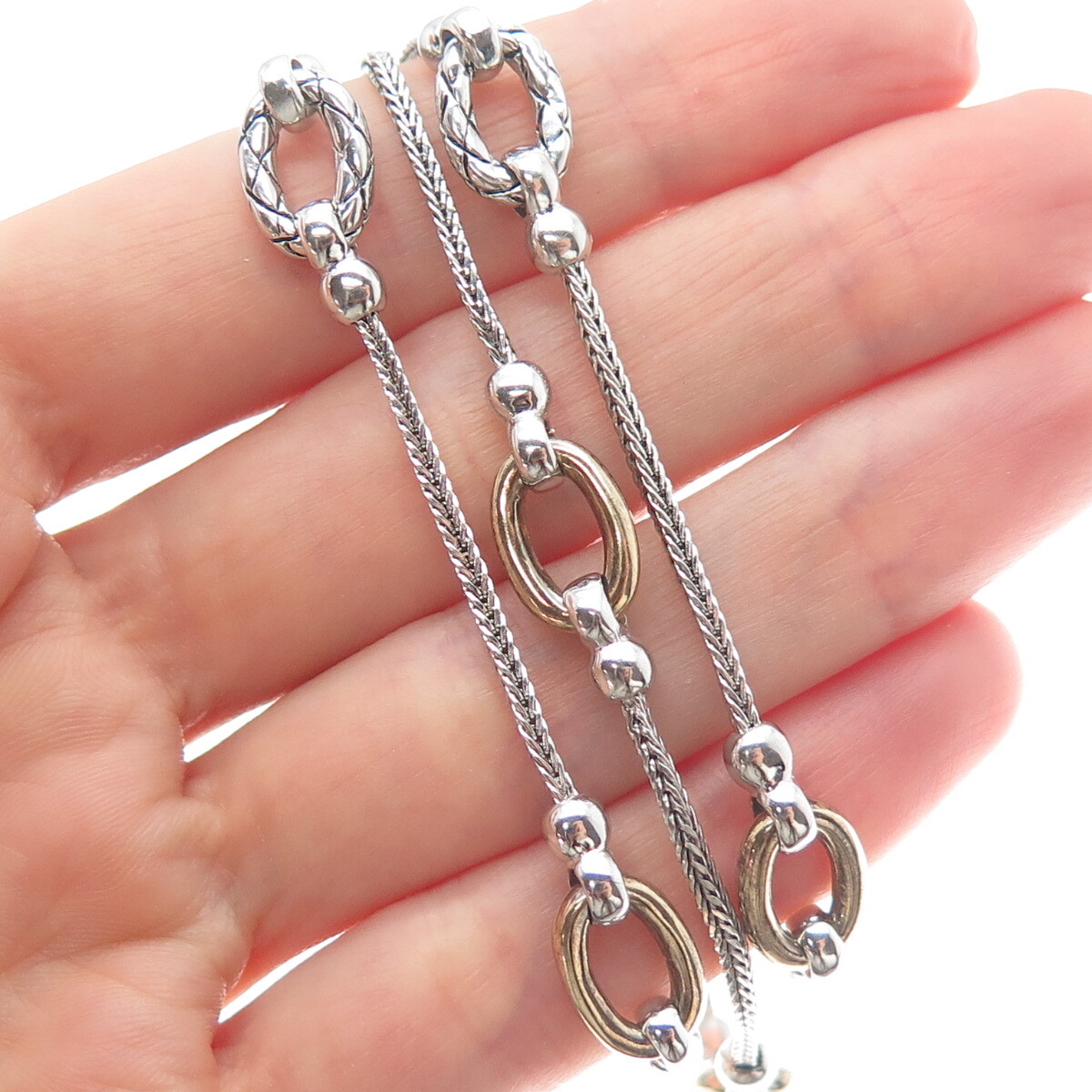 925 Sterling Silver 2-Tone Vintage Oval Station Wheat Link 3-Strand Bracelet 7″
