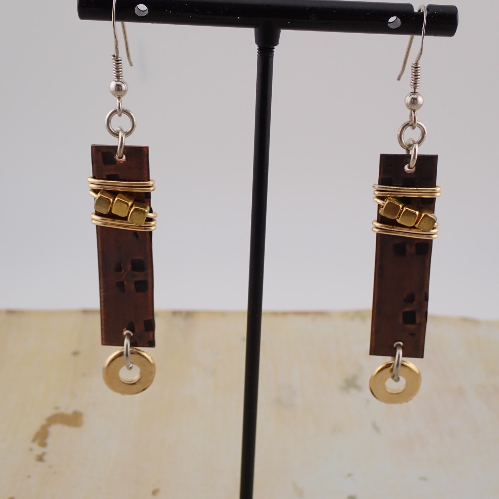 Vintage Artisan Modern Sterling Silver Wires Mixed Metal Dangle Pierced Earrings