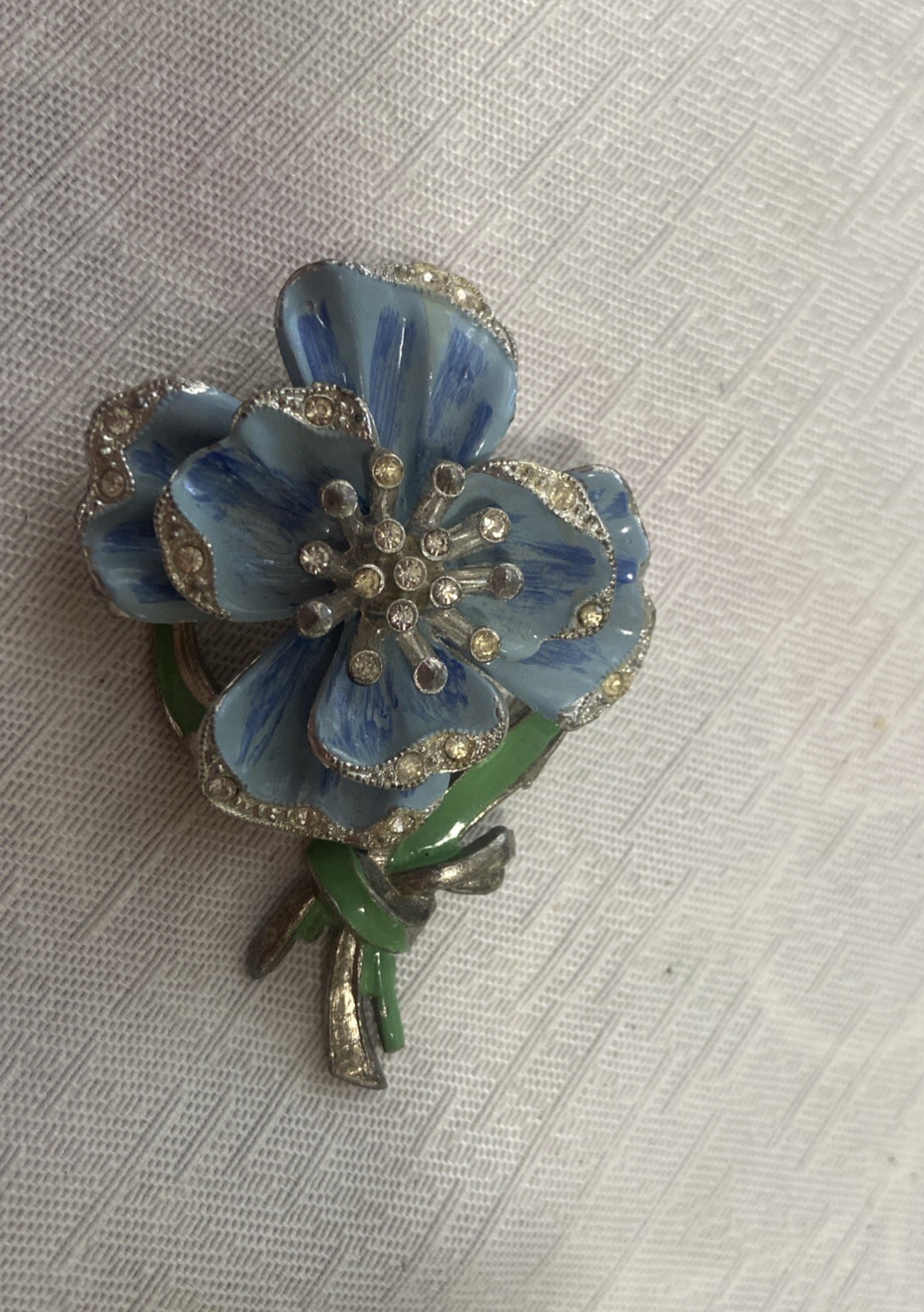 New England Glass Works Trembler Brooch Blue Pansy Flower Enamel Pot Metal
