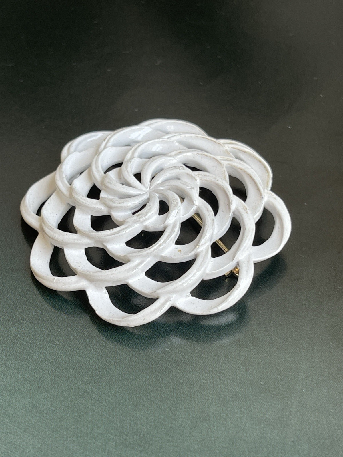 Vintage Signed Trifari White Enamel Spiral Brooch