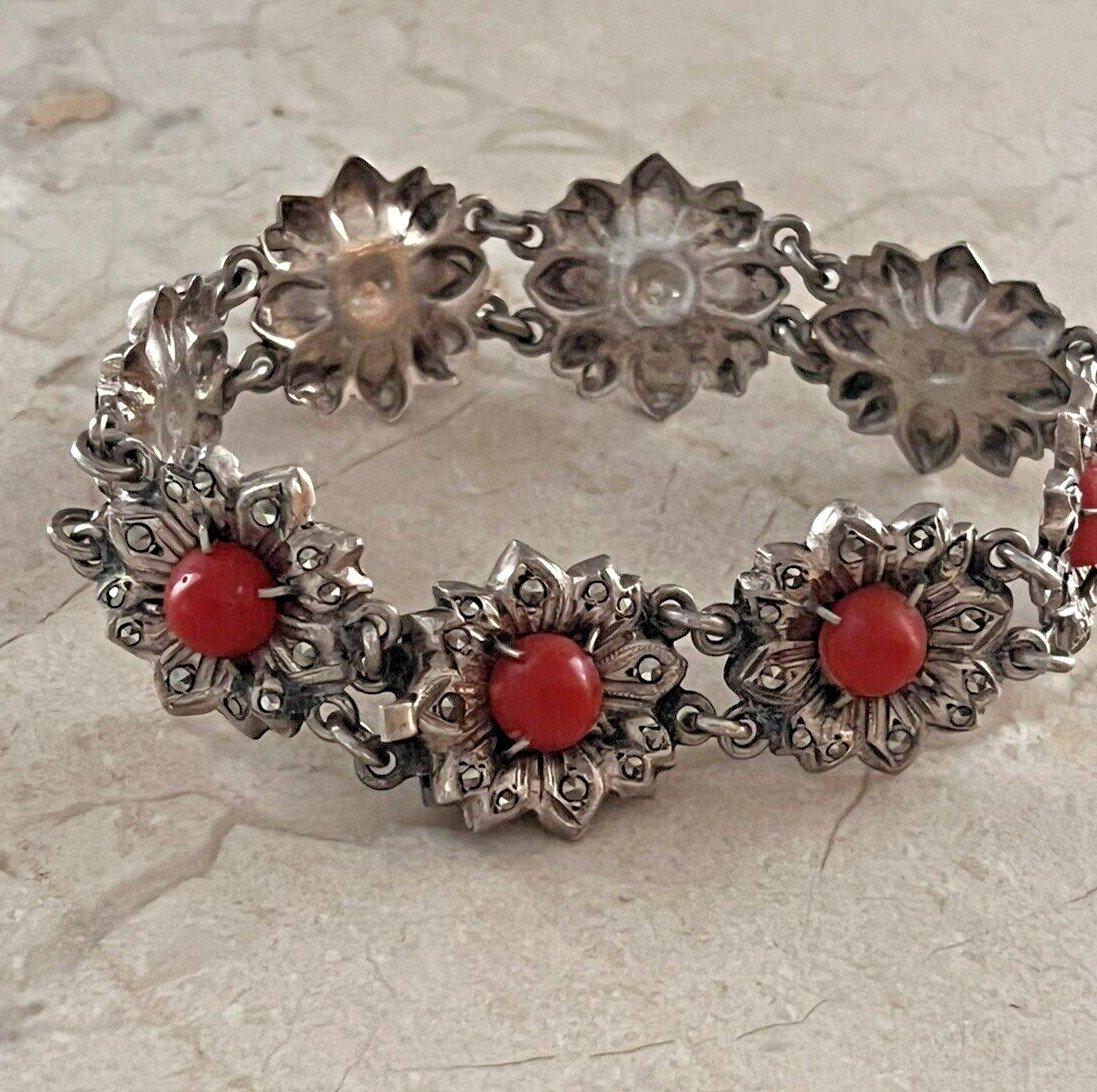 Antique Victorian 900 Silver Marcasite & Coral Link Flower Bracelet