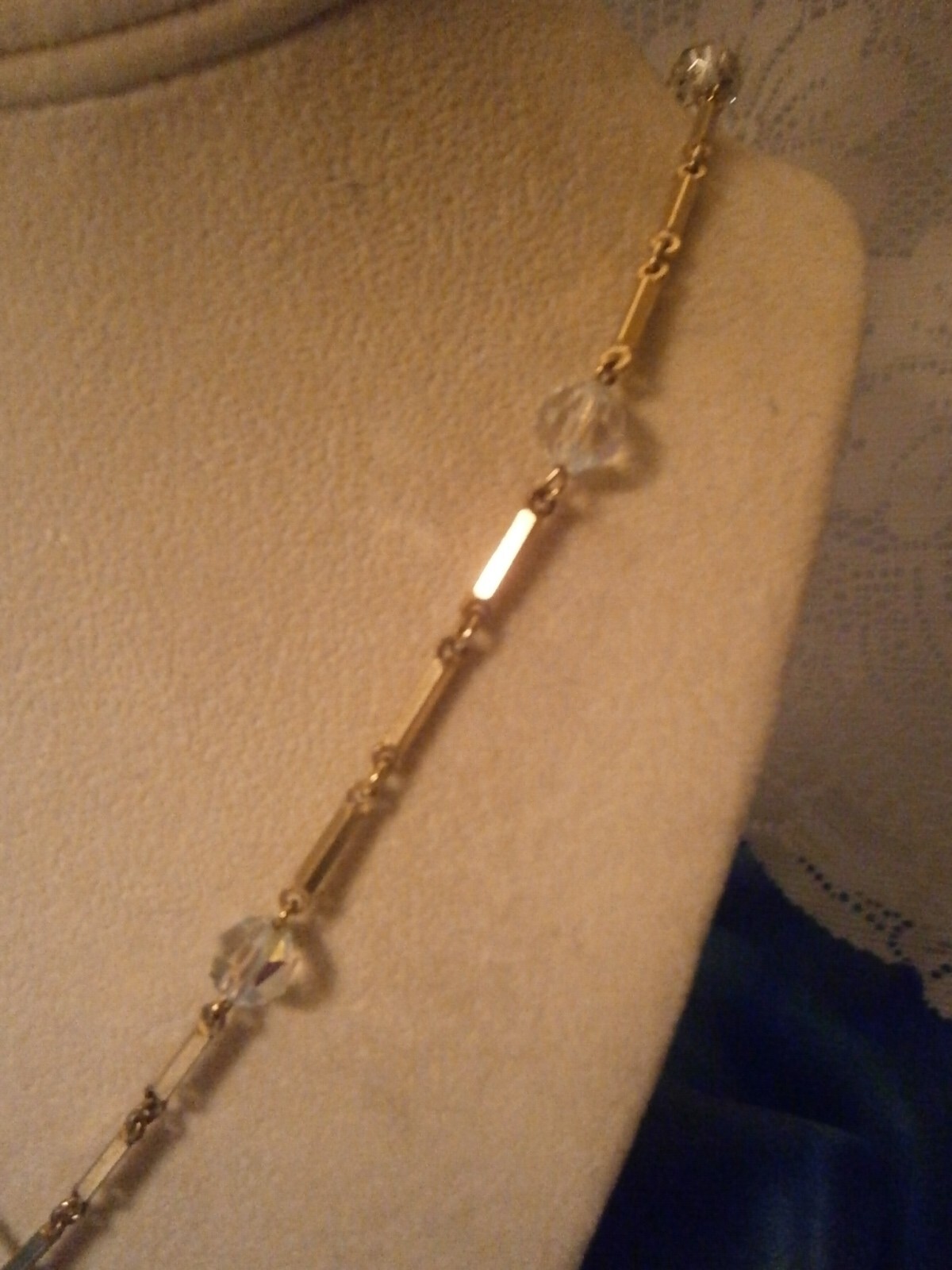 Vtg Gold Tone Bar Link AB Crystal Bead Necklace with Articulated Cluster Pendant