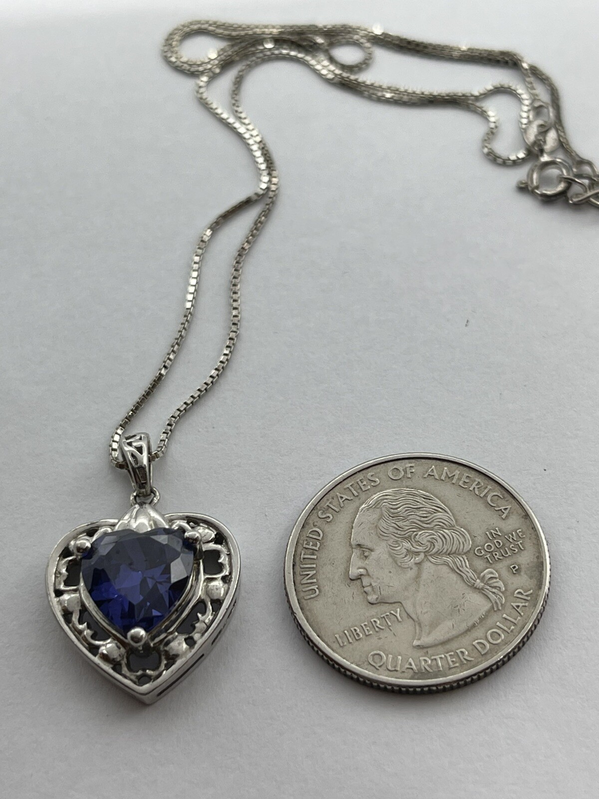 Vintage Bluish Purple Heart Shaped Stone on Sterling Heart Pendant Necklace 17”
