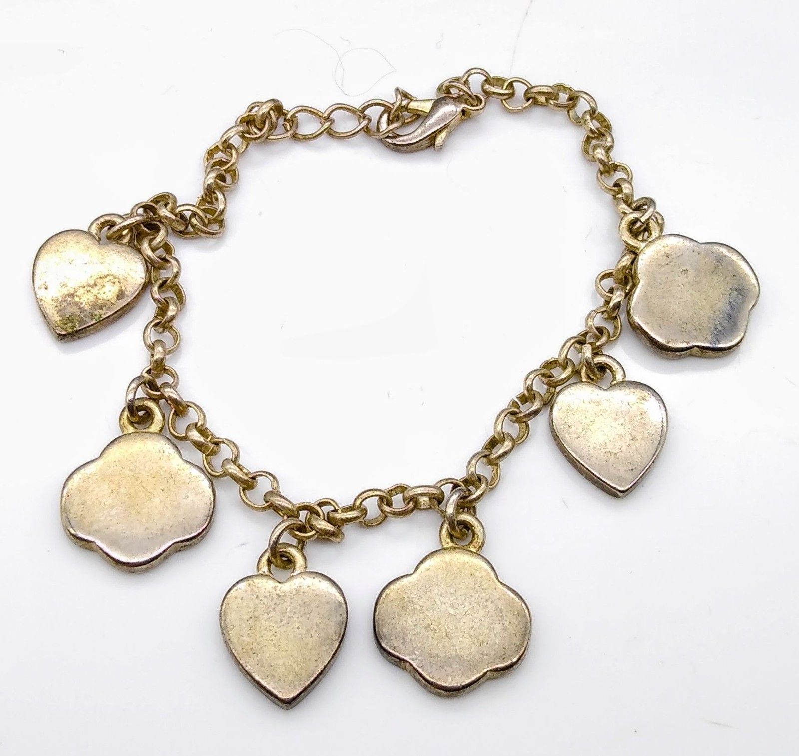 Vintage Hearts and Flowers Charm Bracelet, Silver Tone Dangle Bangle is Whimsica