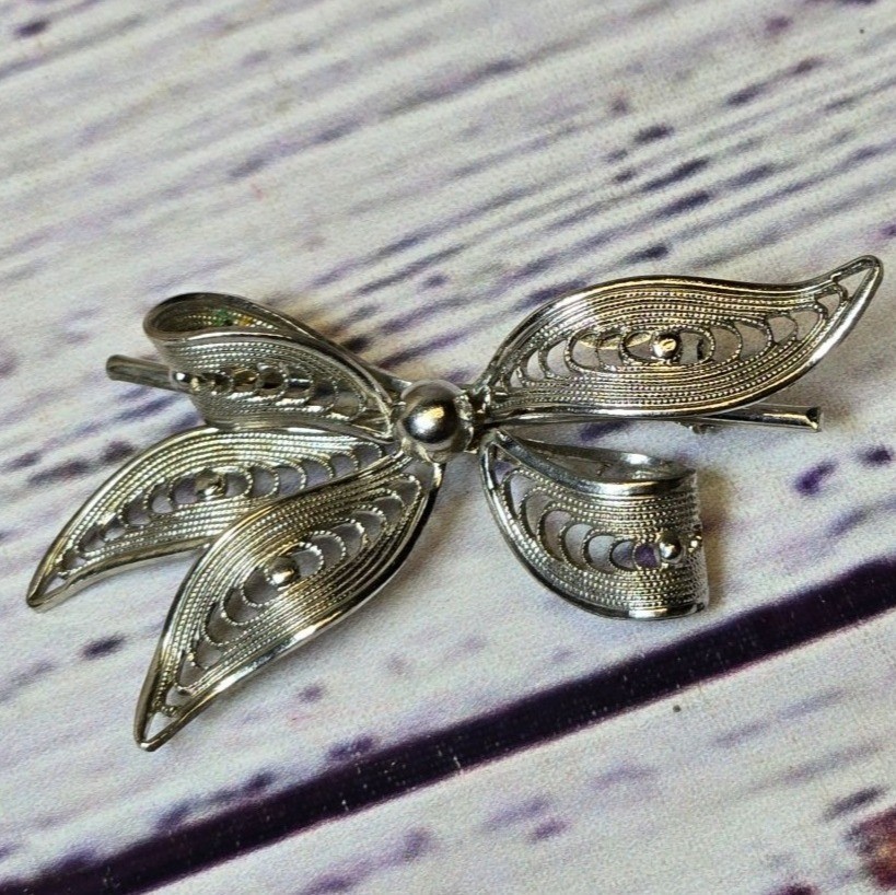 Antique Western Germany1940’s Silver Tone Filigree Bow Pin Brooch Jewelry signed